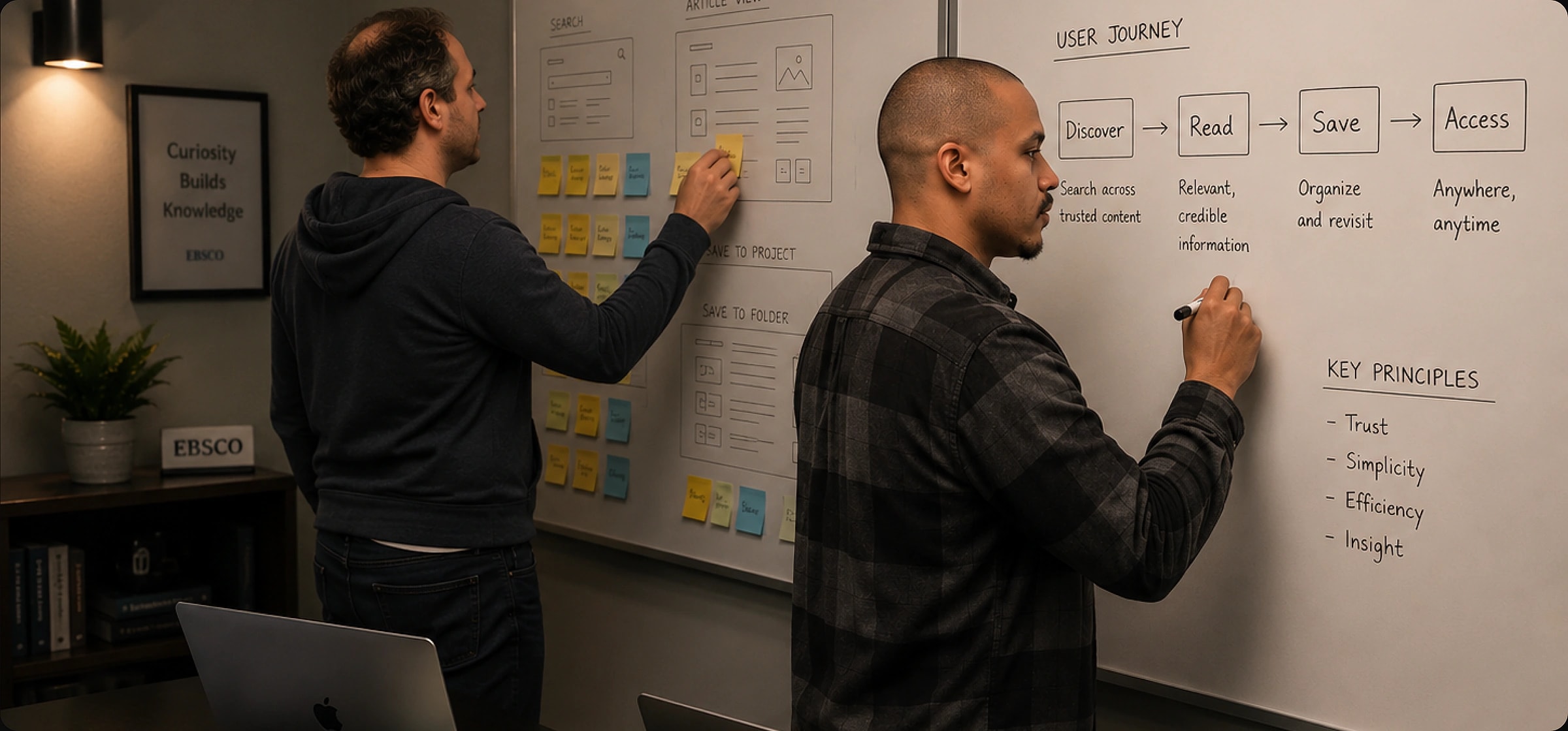 Team mapping research insights on a whiteboard during a working session