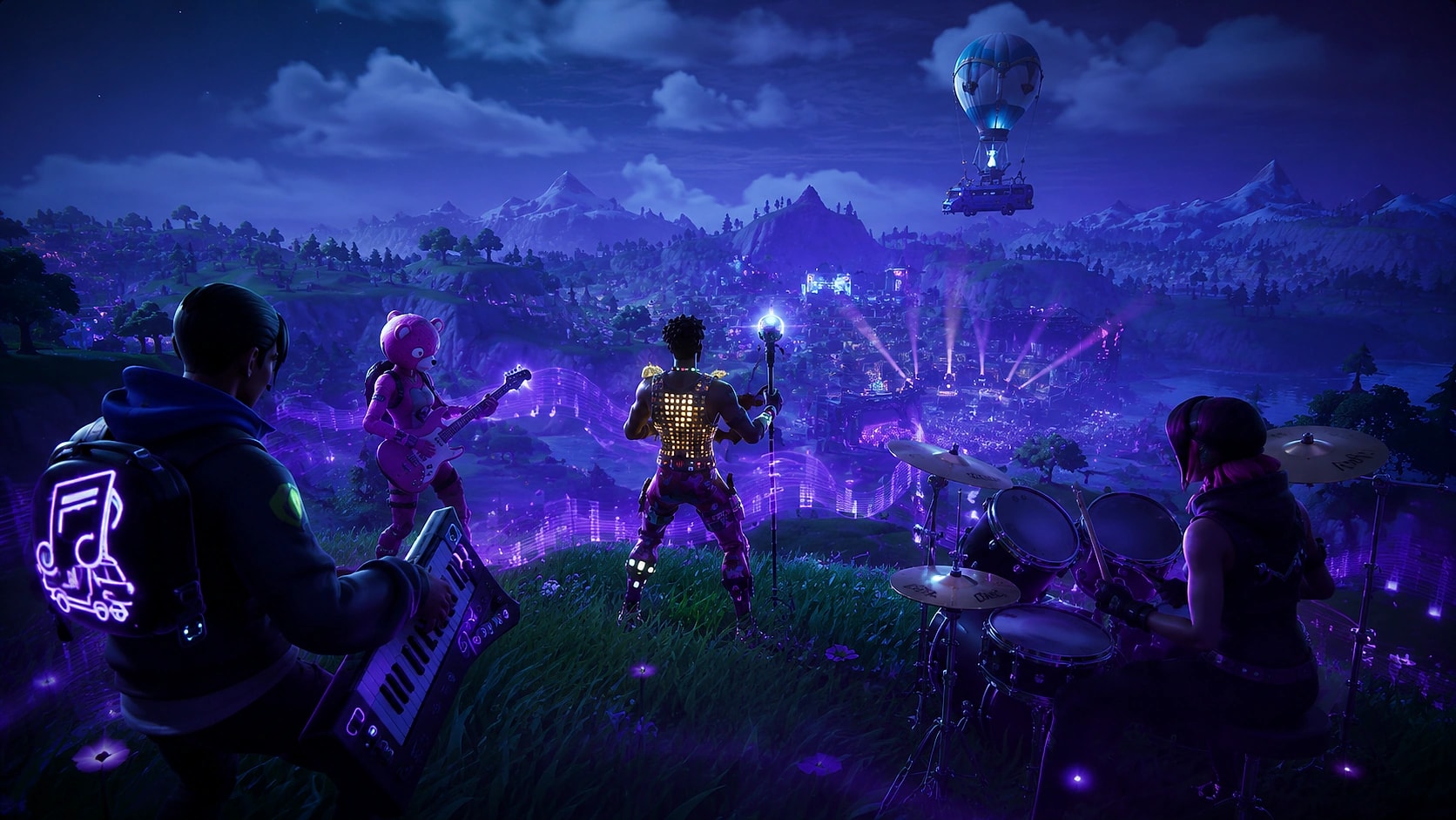 Fortnite Festival characters performing on a neon stage — guitarist and drummer in a purple concert landscape