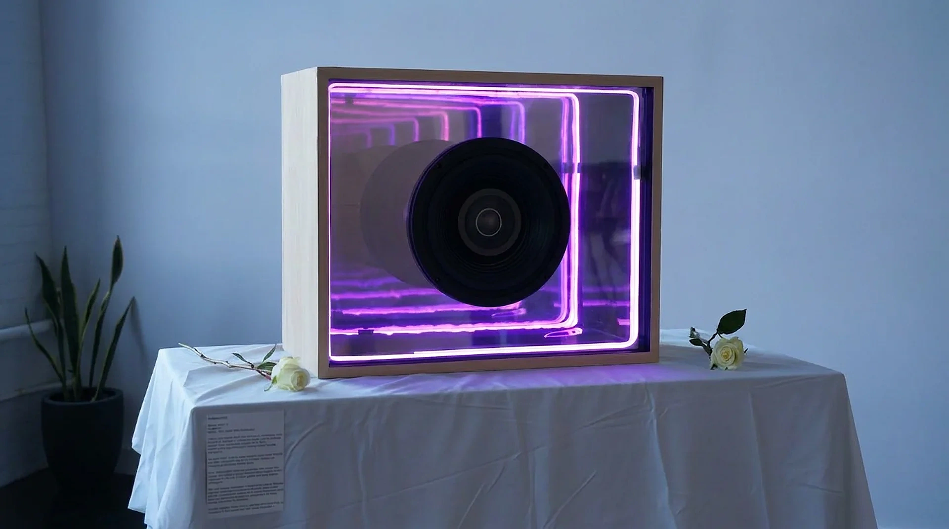 Infinity Speaker glowing on a table — a wooden audio sculpture with an infinity-mirror LED core