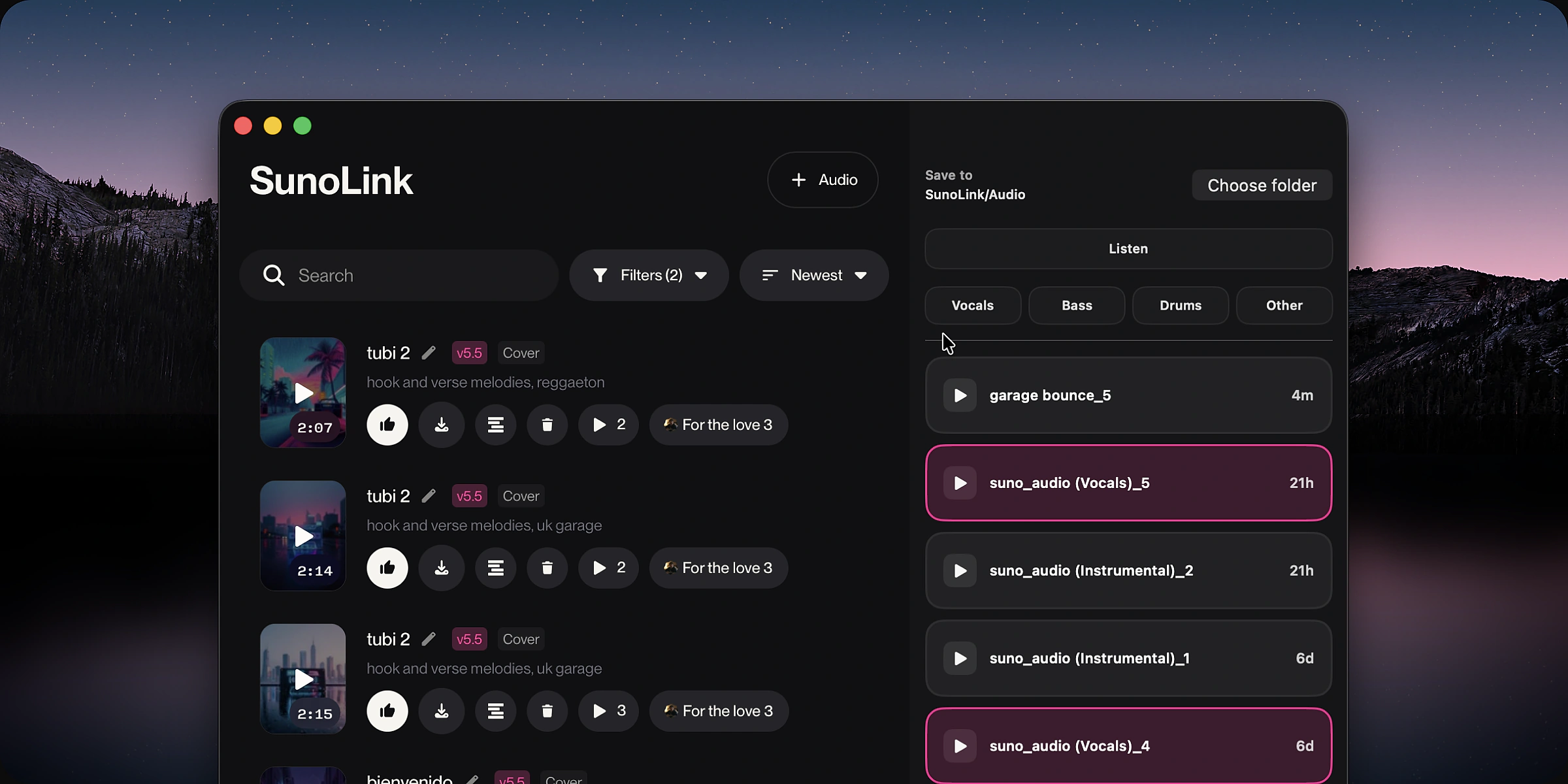 The SunoLink macOS app — a library of AI-generated tracks with search, filters, and stem export