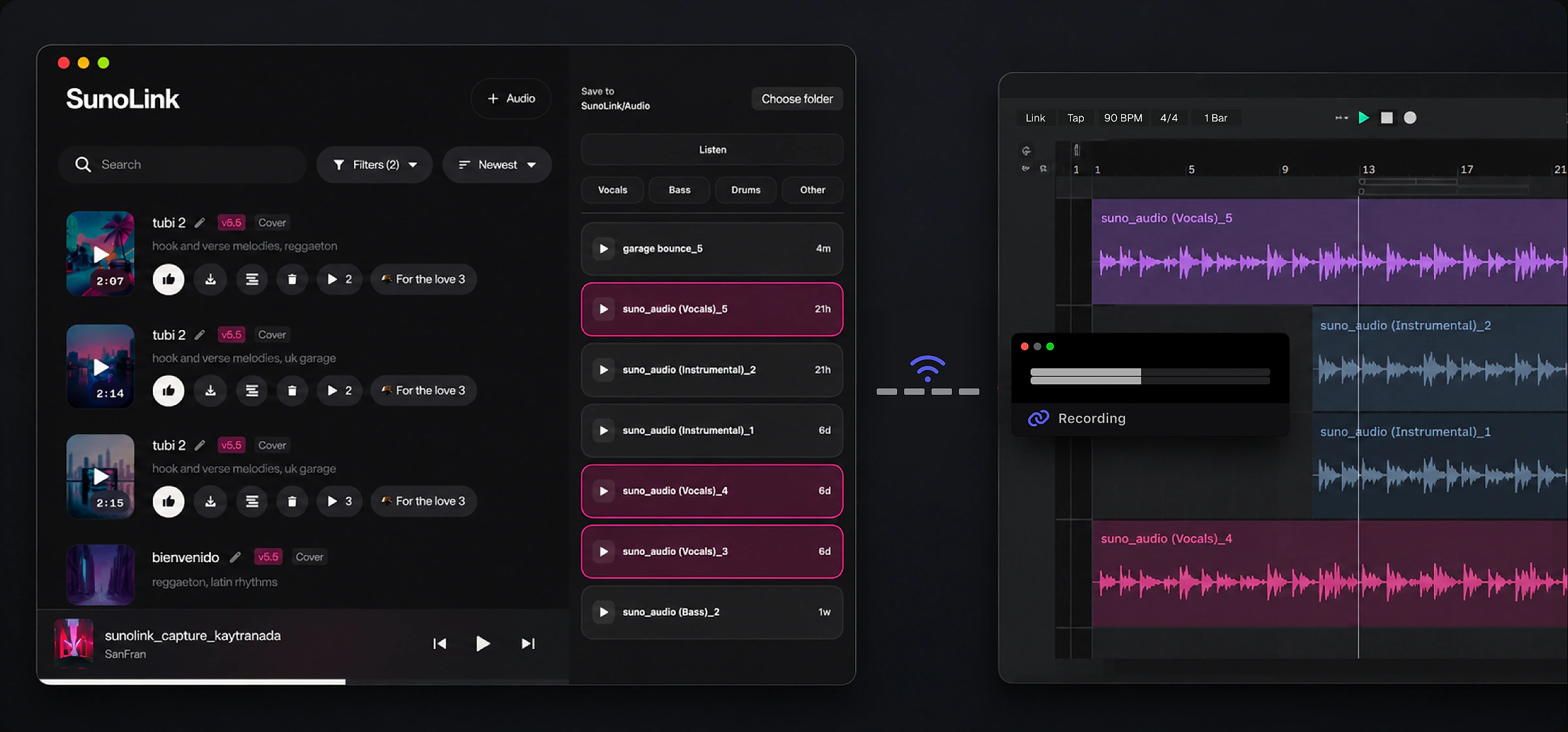 SunoLink beside a DAW timeline — the plugin approach with drag-and-drop into the session