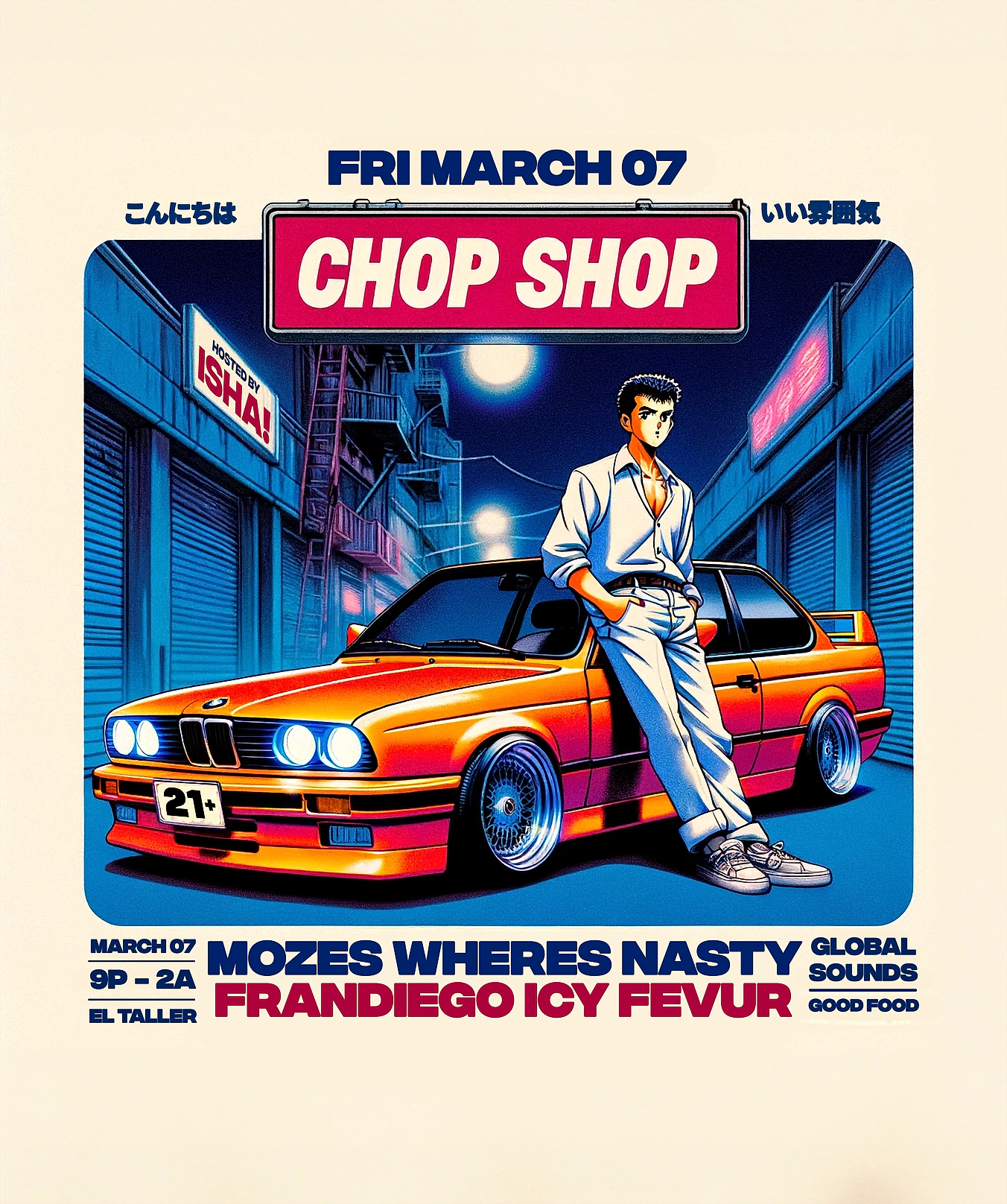 Chop Shop event flyer — illustrated orange BMW with CHOP SHOP branding