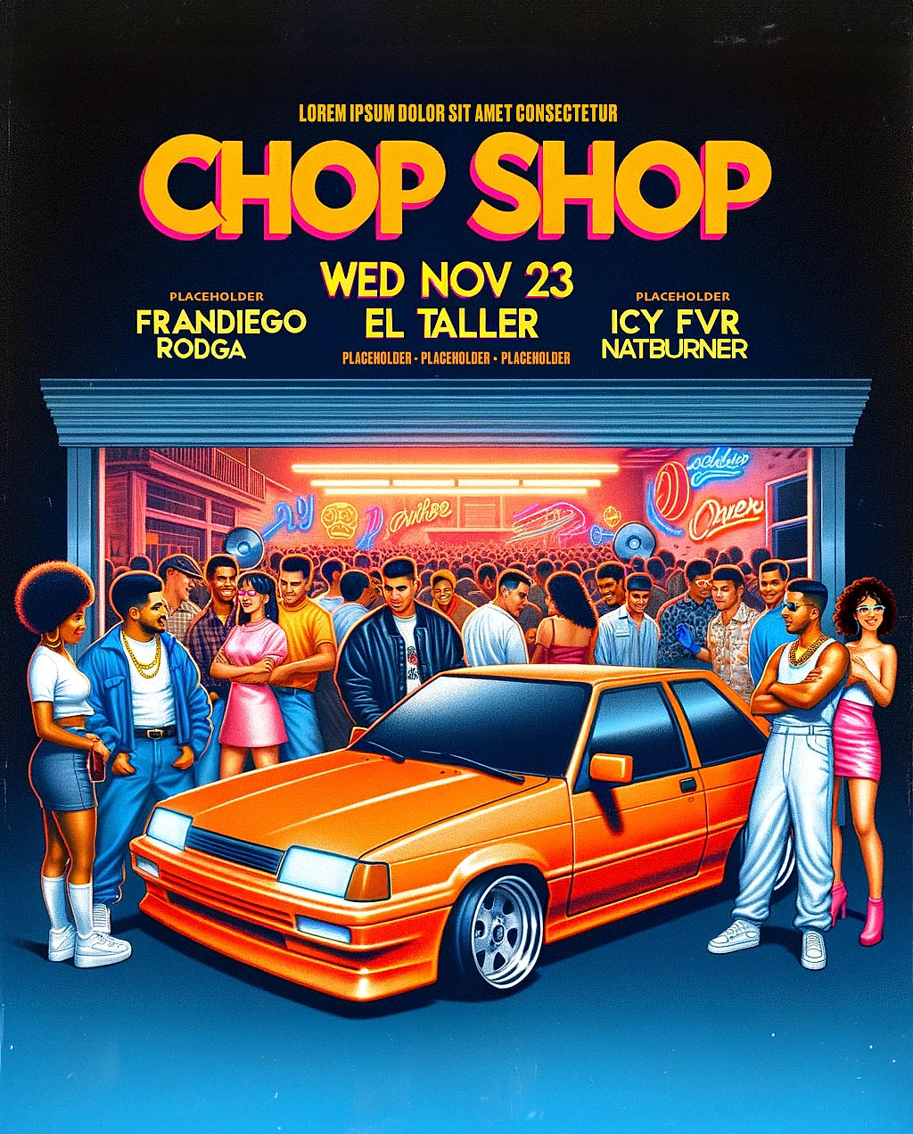 Chop Shop event flyer — illustrated blue and orange BMW with June 11 date