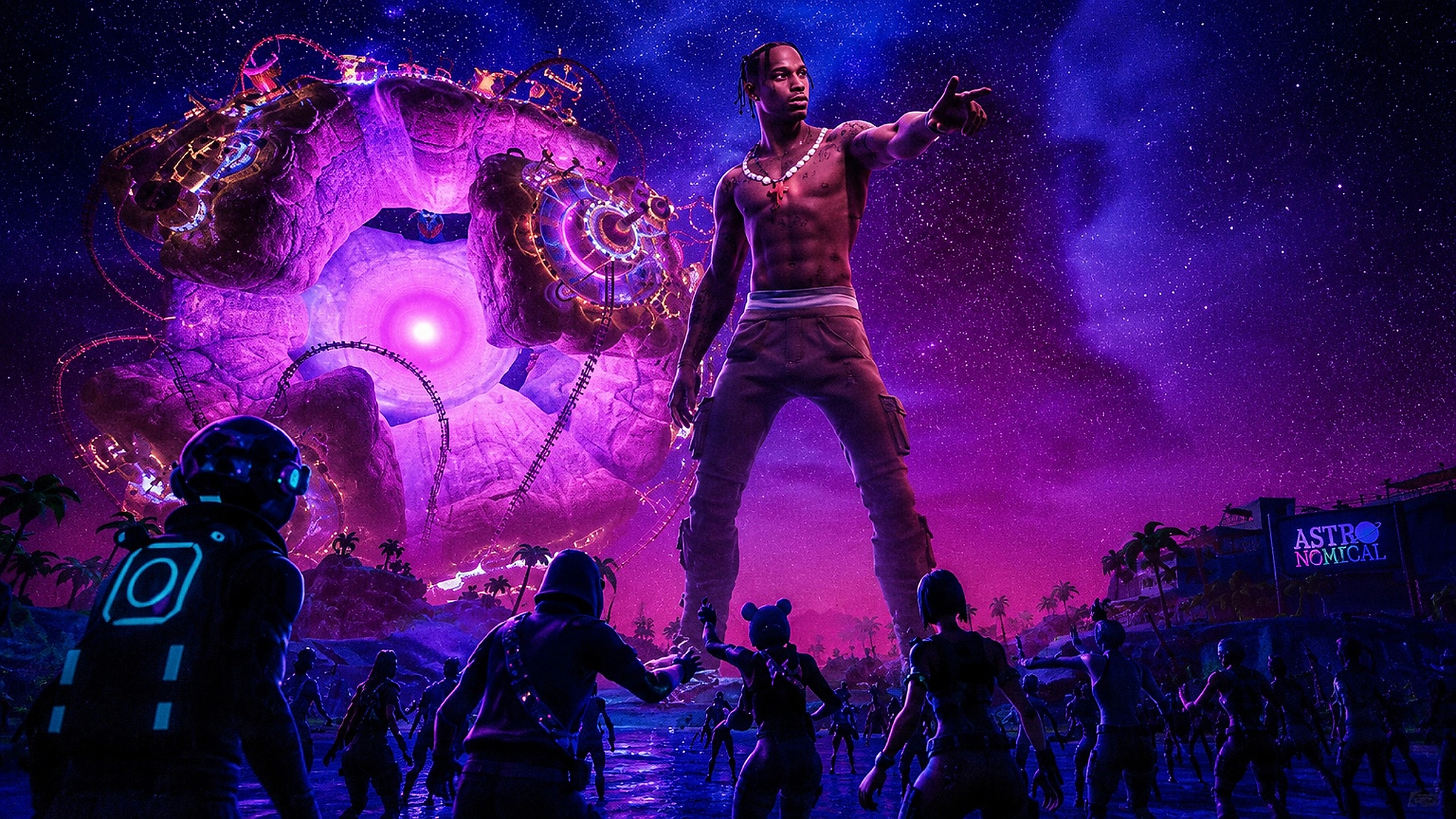 Fortnite Astronomical concert — Travis Scott performing over the island at night