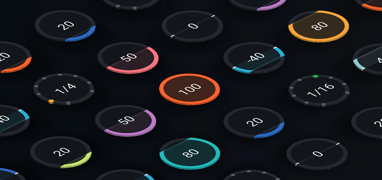 A grid of software audio knobs at varied values on a dark surface.