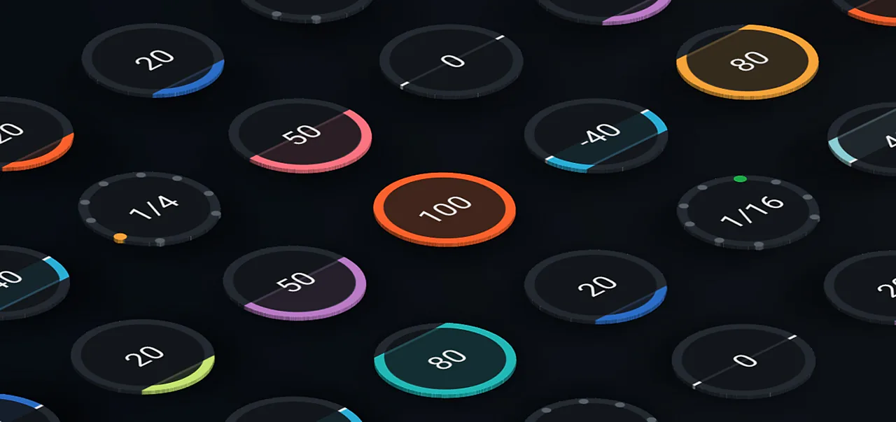 A grid of software audio knobs at varied values on a dark surface.