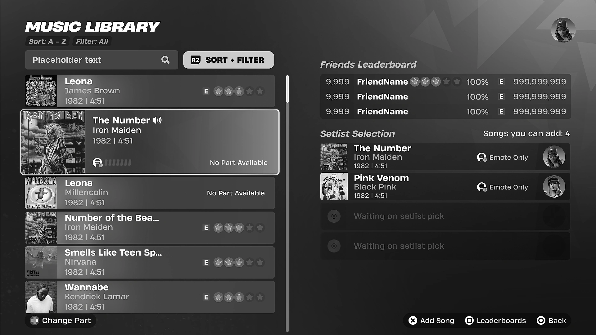 Music Library browse screen with friends leaderboard and the Setlist Selection panel showing each player's picks and open slots