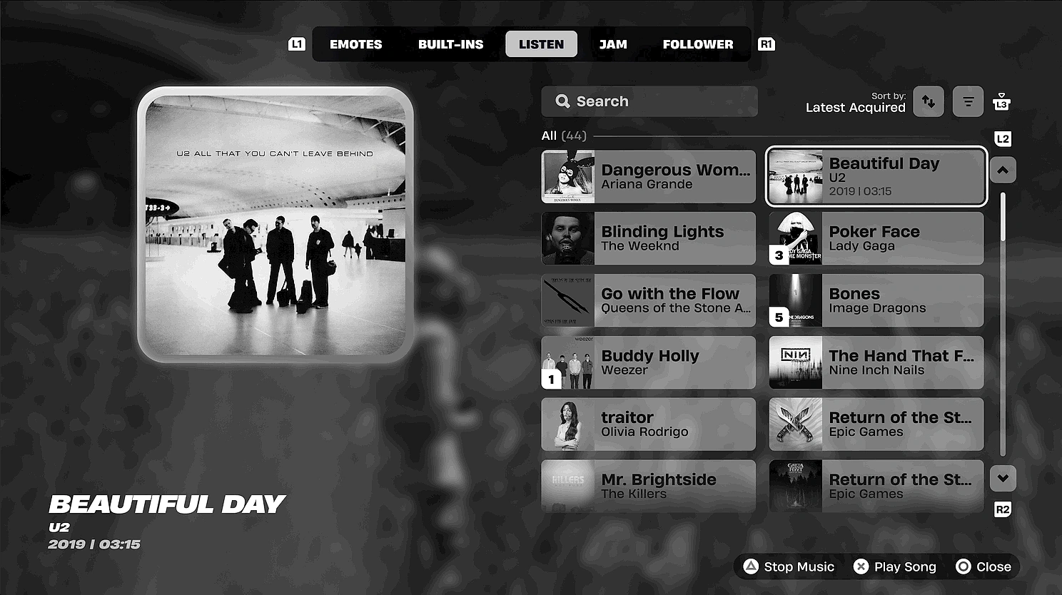 Locker Listen tab with Jam Tracks browsable alongside Emotes, Built-Ins, Jam, and Follower categories