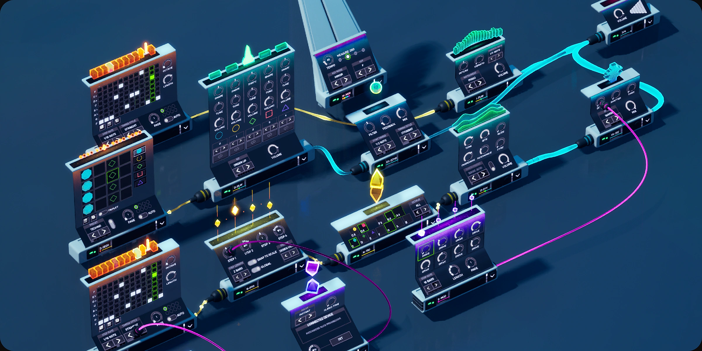 Fortnite Patchwork device network — modular music machines wired together with colored cables