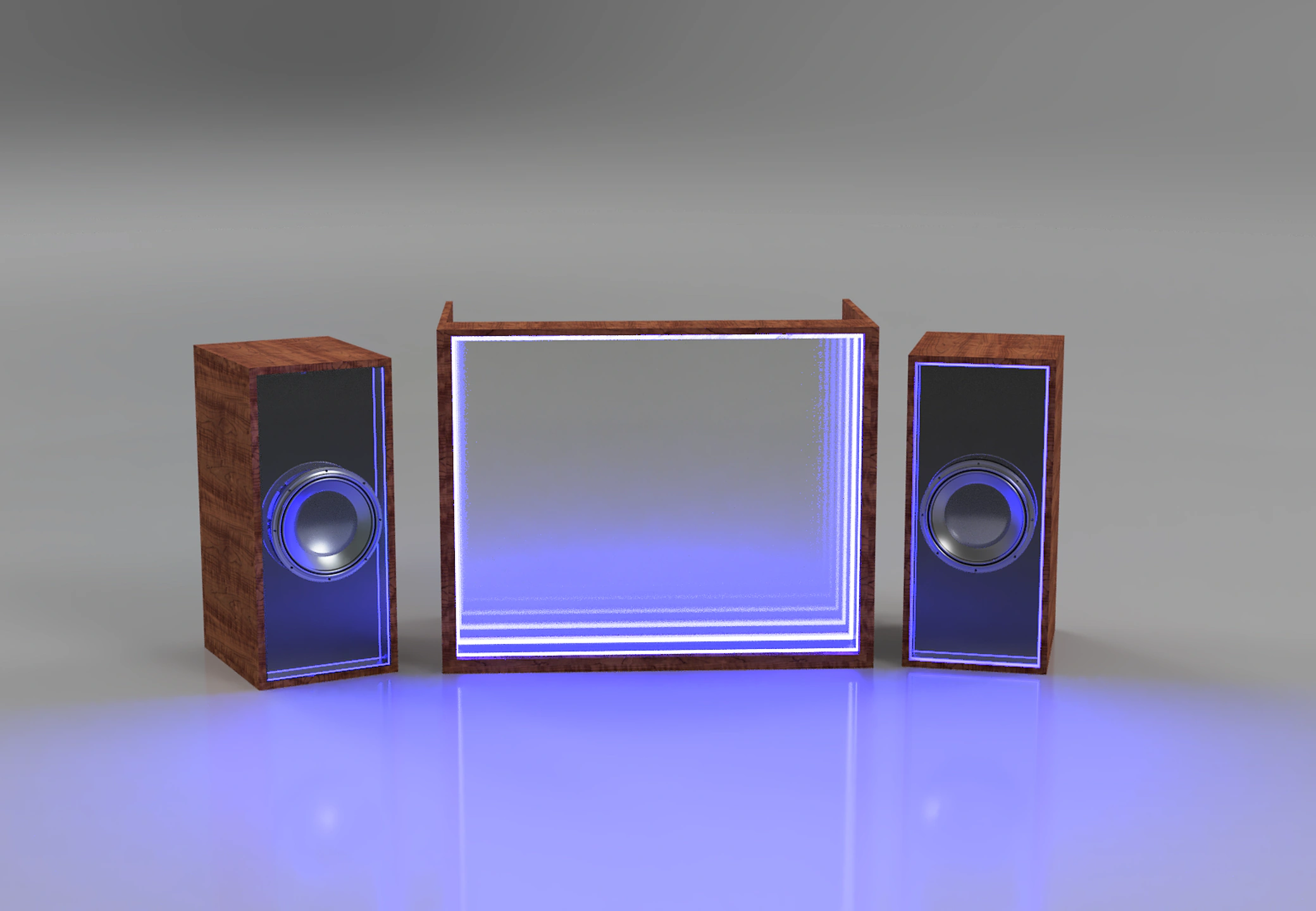3D render of the Infinity Speaker system — central infinity-mirror console flanked by lit wood tower speakers
