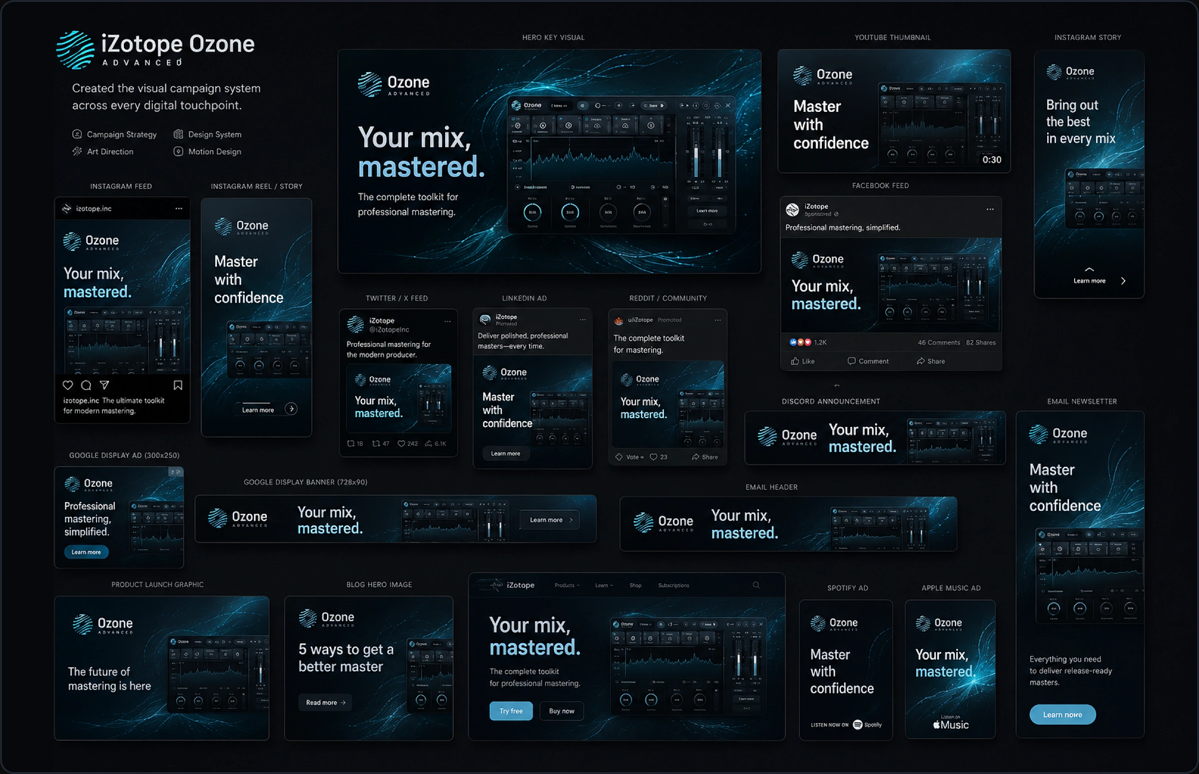 The Ozone 11 “Your mix, mastered.” campaign system applied across every digital touchpoint