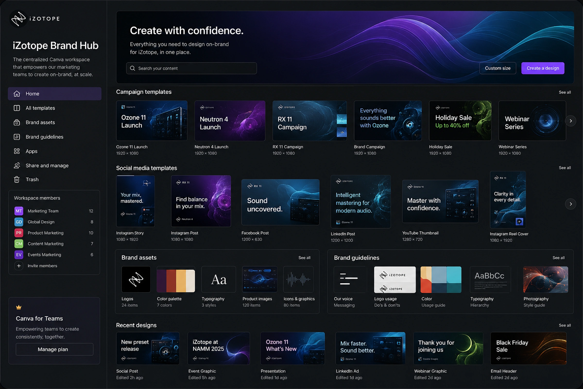 The iZotope Brand Hub in Canva — campaign and social templates, brand assets, and guidelines in one workspace