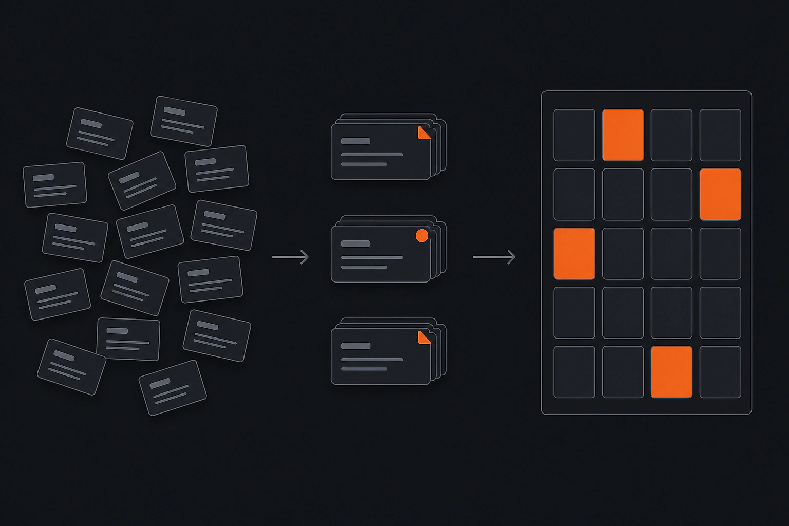 Diagram — a scattered pile of one-off request tickets grouping into three recurring patterns, then resolving into one organized template grid