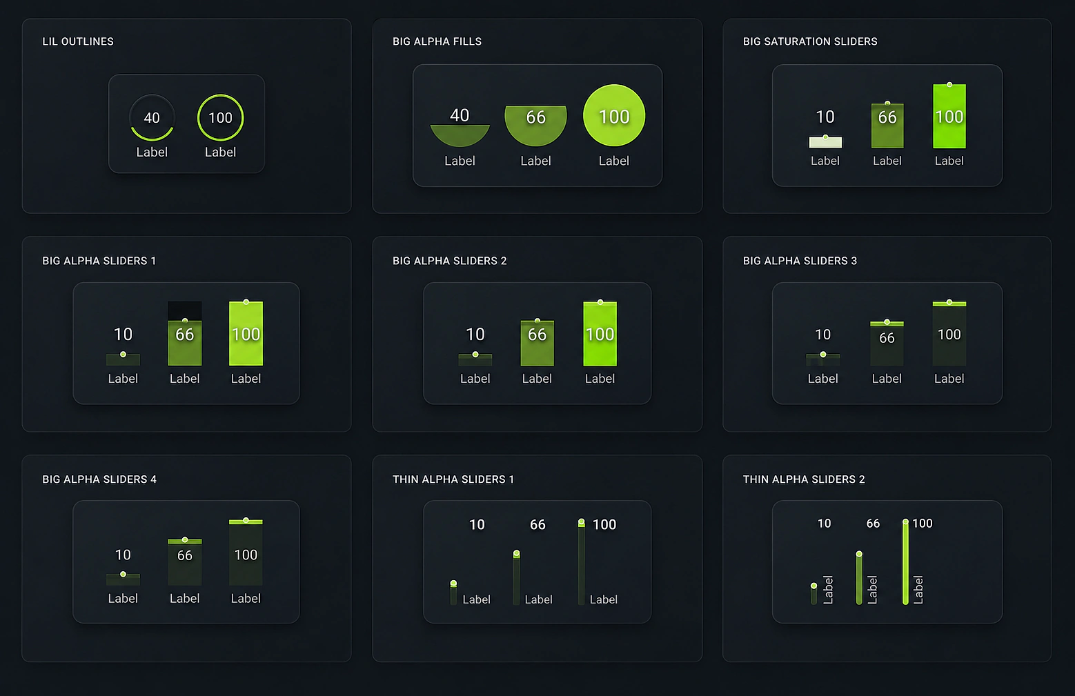 Grid of early Gauge concept explorations — outline, fill, and slider variants